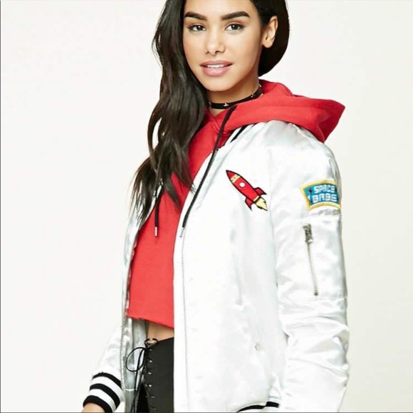 Forever 21 Satin Space Bomber Jacket with Patches - Picture 2 of 4